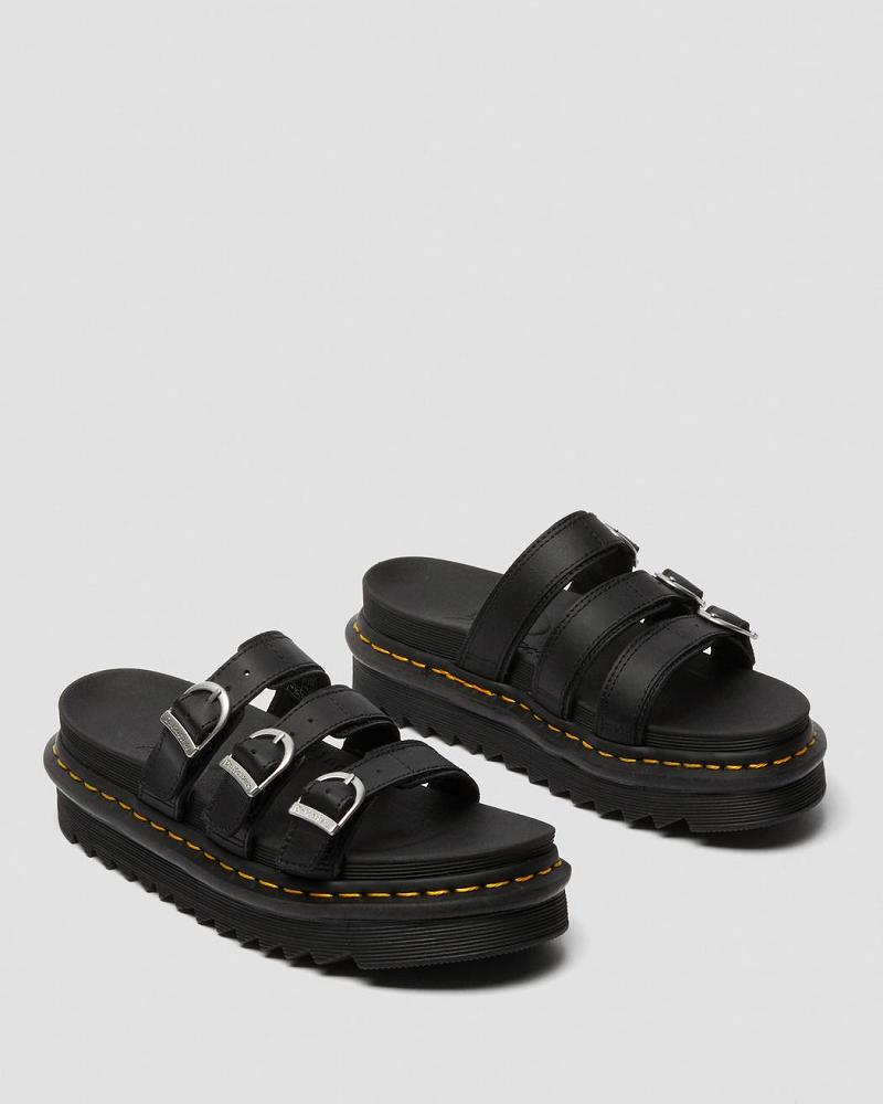 Black Women's Dr Martens Blaire Leather Slide Sandals | CA 316OKI